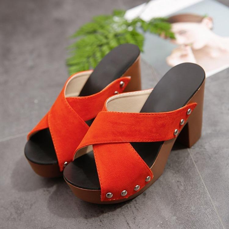 Summer Women Sandals Square High Heel Platform Flock Casual Rivet Pumps Peep Toe Female Elegant Ladies Shoes Zapatos De Mujer