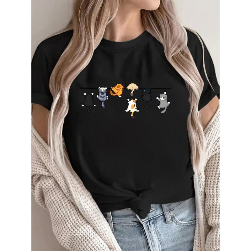 

European Size YH250633 1pc Women s Fashion Round Neck Short Sleeve T-shirt with Cat Graphic Print, Comfortable and Stylish Tee 4XL