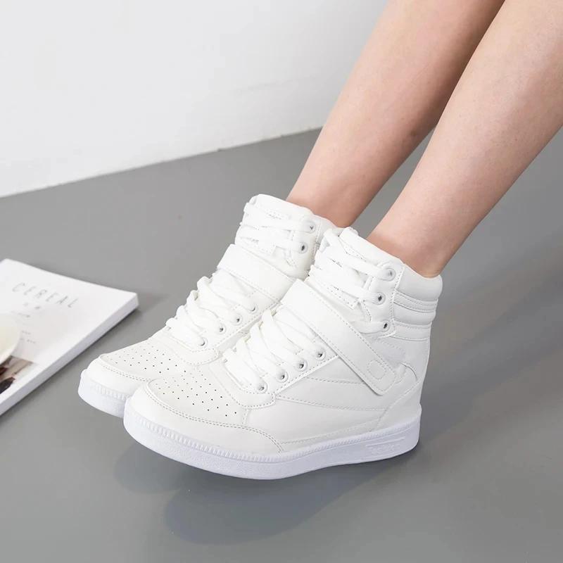 Fashion Brand Womens Breathable High Top Skateboard Shoes Casual Non-slip Sport Shoes Ladies Platform Hidden Increasing Leather Sneakers