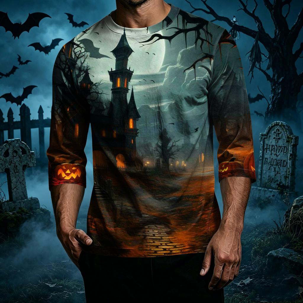 Men's Casual Halloween Print Crew Neck T Shirt Three Quarter Sleeve Regular Fit Top Suitable for Everyday Wear and Seasonal Events