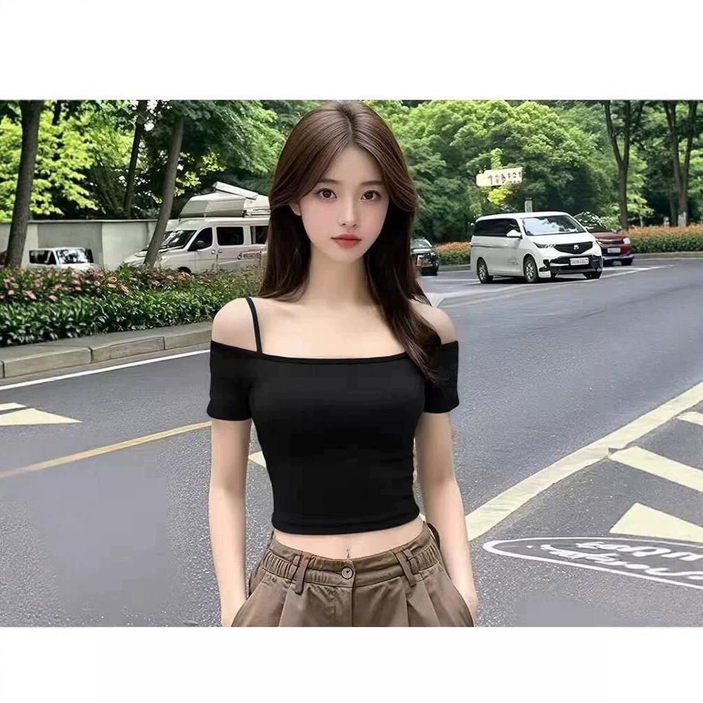 Summer New Suspender Slim Off-shoulder Short-sleeved T-shirt Female Sexy Spice Short One-word Shoulder Beautiful Top