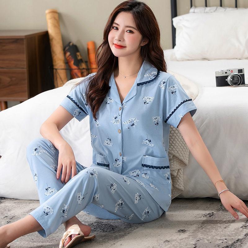 Summer cotton pajamas women's short-sleeved trousers middle-aged women's plus-size cardigan set thin loungewear