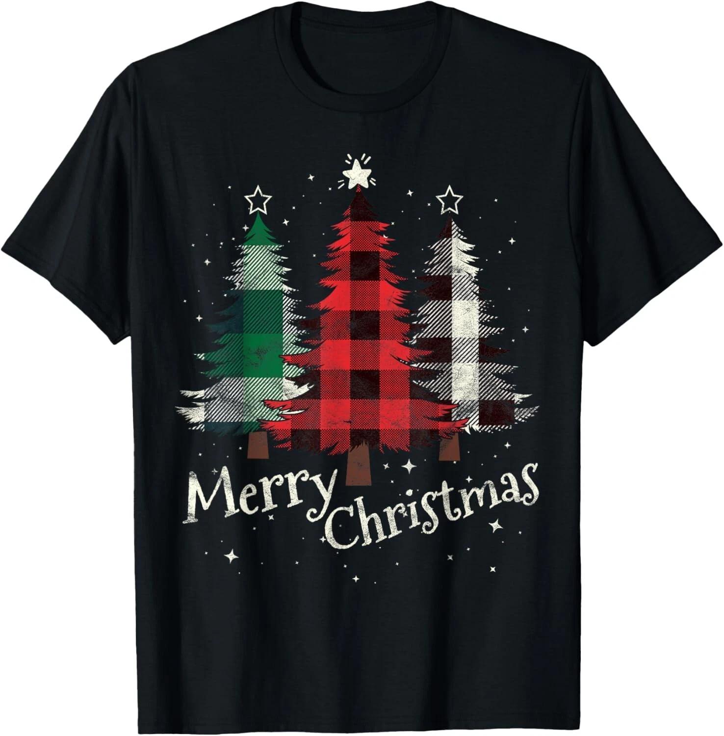 Merry Christmas Three Xmas Trees Buffalo Plaid Woman Gift T- Shirt 2XL