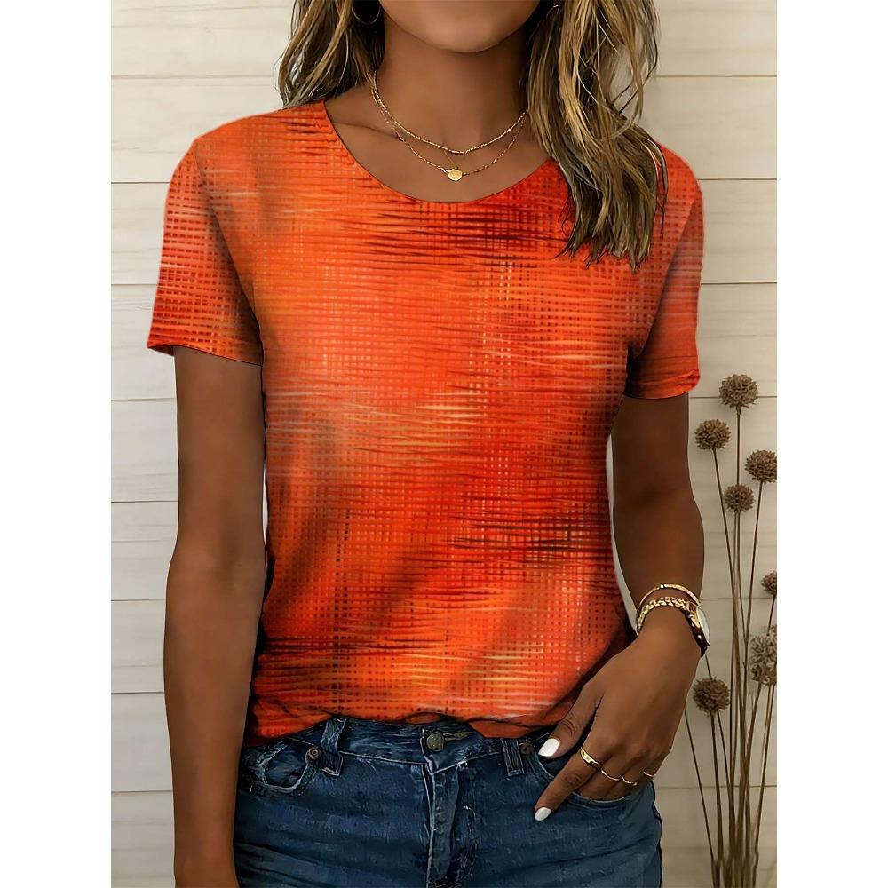Bright orange gradient women's T-shirt with geometric print and seamless design.