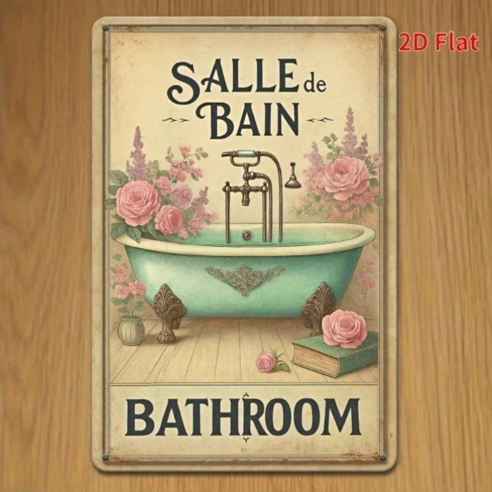 Vintage French 'SALLE DE BAIN' Bathroom Sign – 8x12 Retro Metal Plaque Wall Art, Funny 2D Decor for Cafe, Bar, Garage