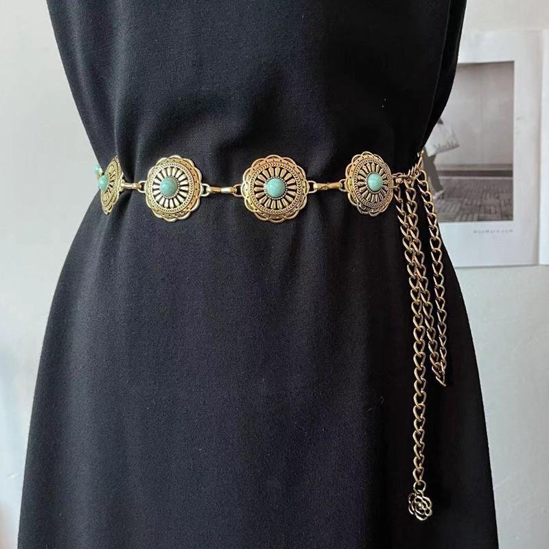 Boho Style Imitation Turquoise Carved Waist Chain for Women Versatile Retro Dress Decorative Metal Ethnic Waist Belt