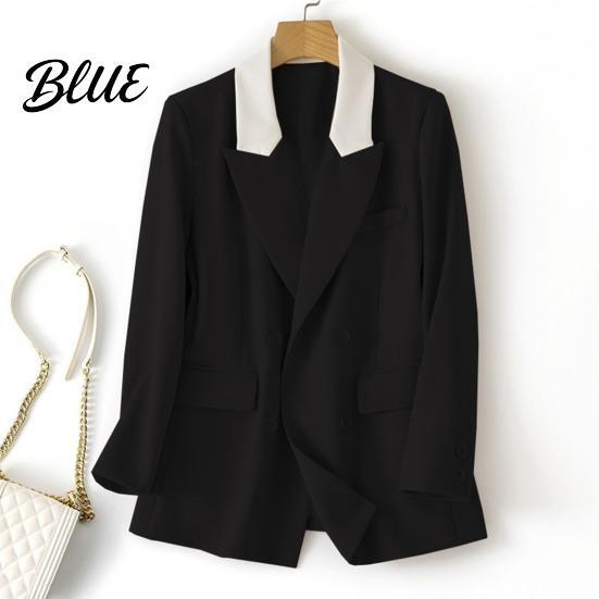 Versatile Basic Suit Jacket Women Casual Coat Notched Lapel Long Sleeve Patchwork Color Double Breasted