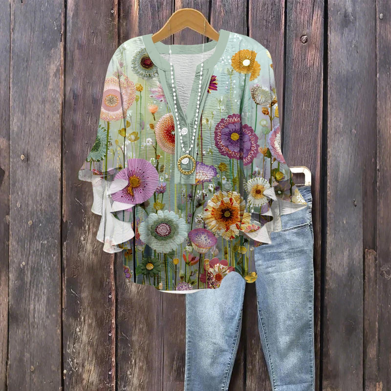 

Женская модная блузка на пуговицах с V-образным вырезом, с оборками и рукавами семь восьмых, топ с цветочным принтом XL