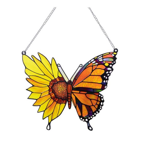 Bunter Sonnenfänger Buntglas-Effekt Schmetterling Sonnenblume/Grüne Motte Ornament Acryl Fensterhänger Dekoration für Wohnzimmer Schlafzimmer Garten Balkon