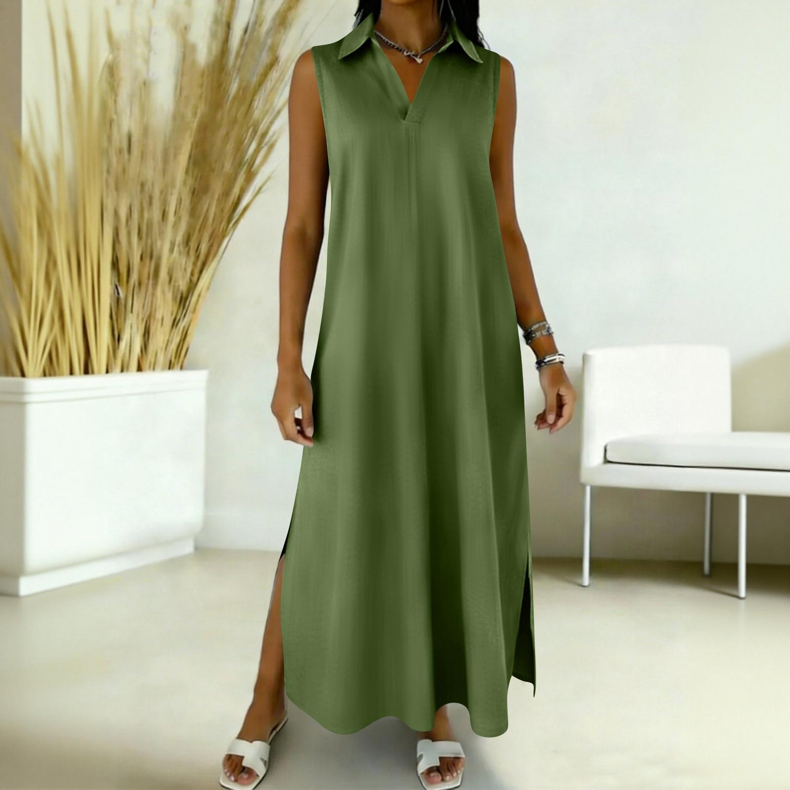 Women s V-neck Sleeveless Long Loose-fitting Dress With Pockets And Casual L армия зеленый
