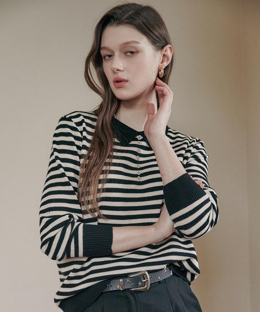 MAXZA Cubic Button Striped Open Collar Knit