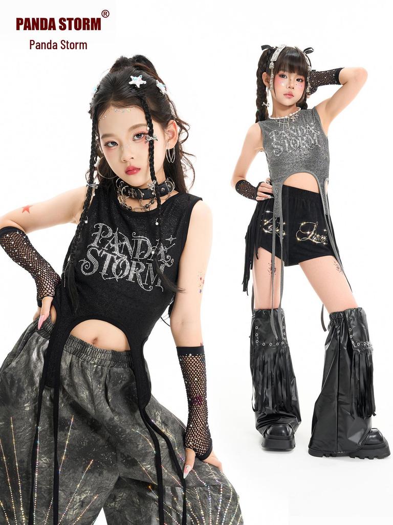 Completo Jazz Dance da Bambina con Paillettes - Versatile Set Gilet e Pantaloni/Pantaloncini per Performance di Street Dance alla Moda.