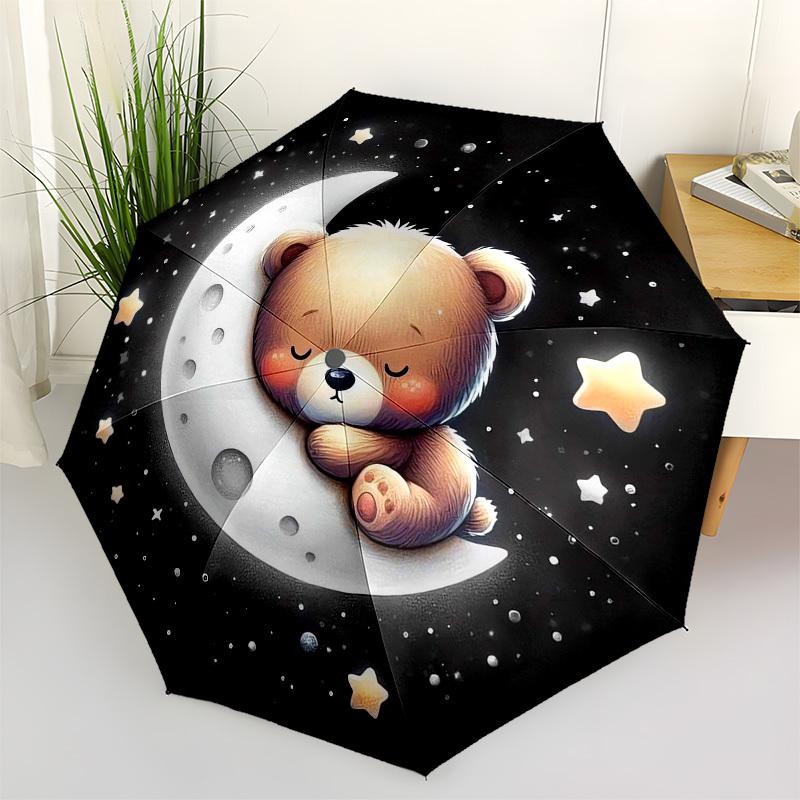 1pc Sleeping Bear on Moon with Stars Umbrella with Plastic Handle,Vibrant Cartoon Pattern,Multi-functional UmbrellaPT132