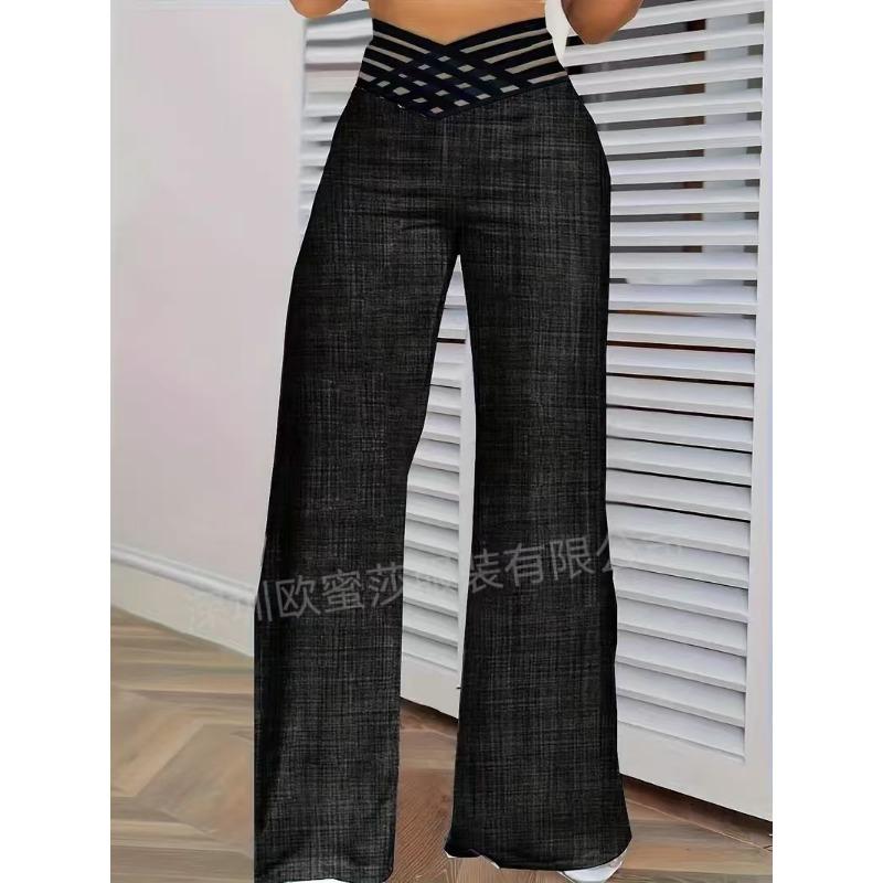 Damenhose mit hohlem Bund und leicht ausgestelltem Bein, hochtaillierte lässige Hose mit weitem Bein