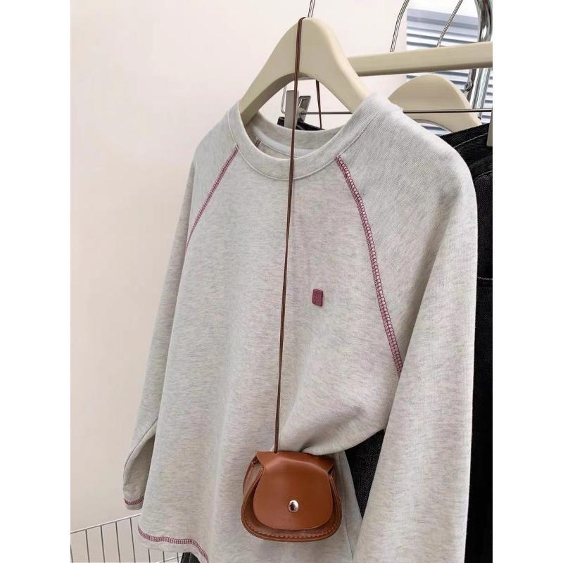 

Super Nice Embroidered Long-sleeved T-shirt for Women Spring Autumn Flesh-covering Cotton Top M серый