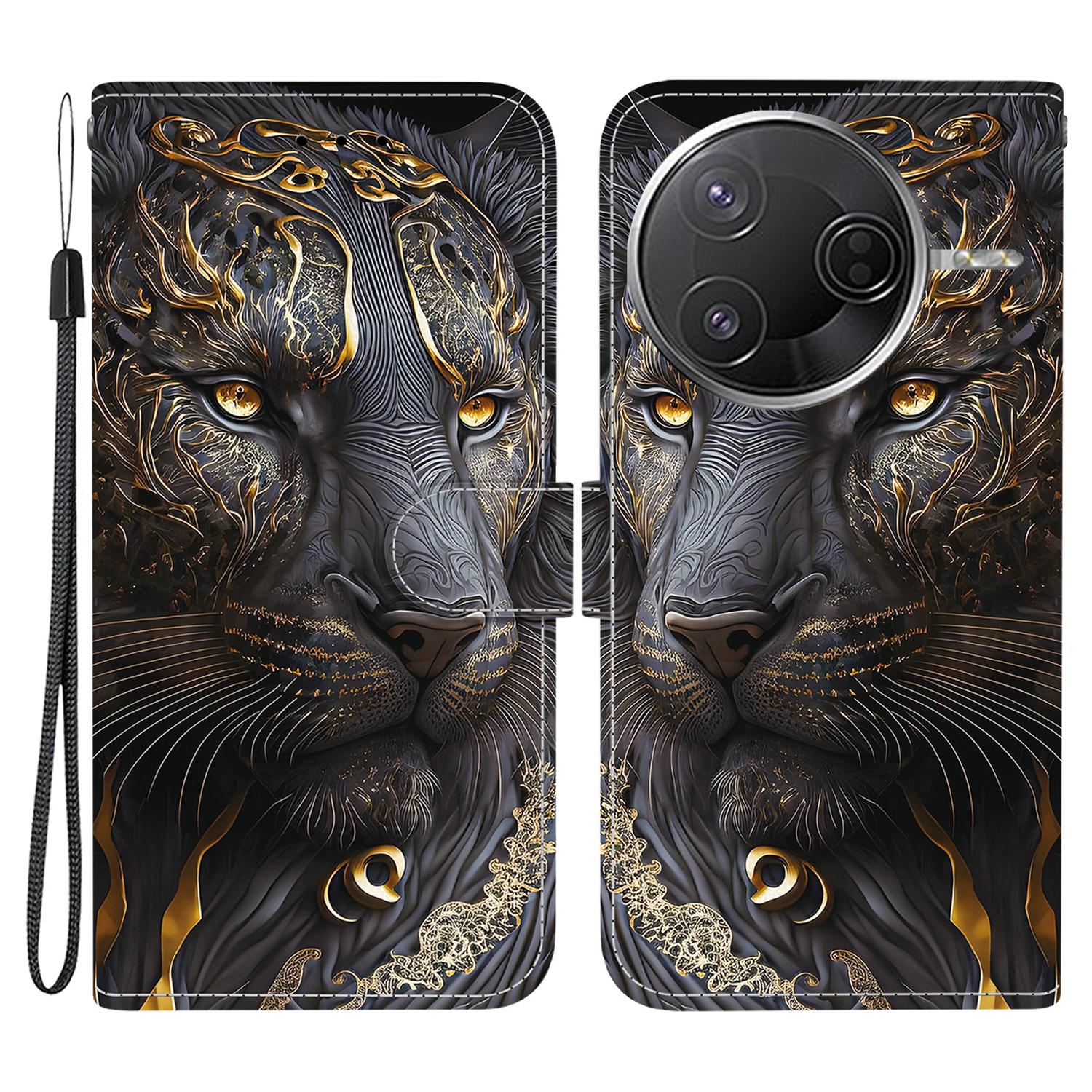 

Leather Case For Xiaomi Redmi K80 Pro 5G/K80 5G/Poco F7 Pro 5G/F7 Ultra 5G Pattern Printing Phone Cover with Wrist Strap Black Gold Lion