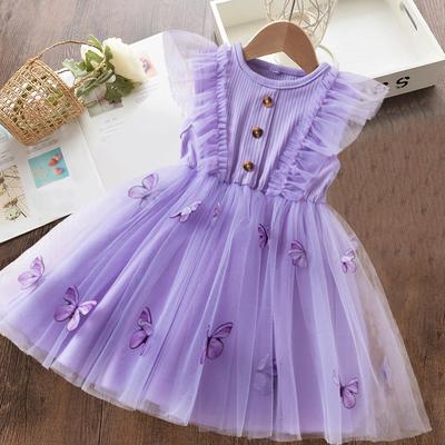 Summer Dress Butterfly Mesh Flying Sleeve Dress Girls Fashion Dresses Toddler Girls Casual Wear Children's Clothes 1-5Y