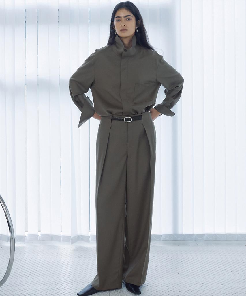 UMARMUNG Worsted Wool Tucked Pants_Peat Gray
