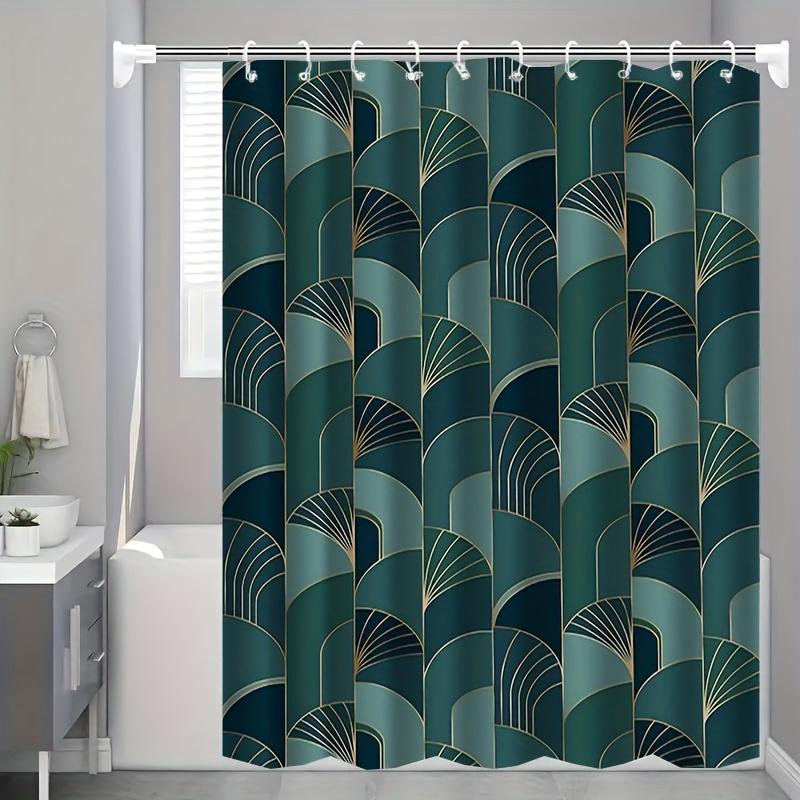 2D Flat, 1pc with Hook Shower Curtain, 2D Flat Dark Green Fan Geometric Pattern Printing Pattern, High-end Elegant, High-end Fas