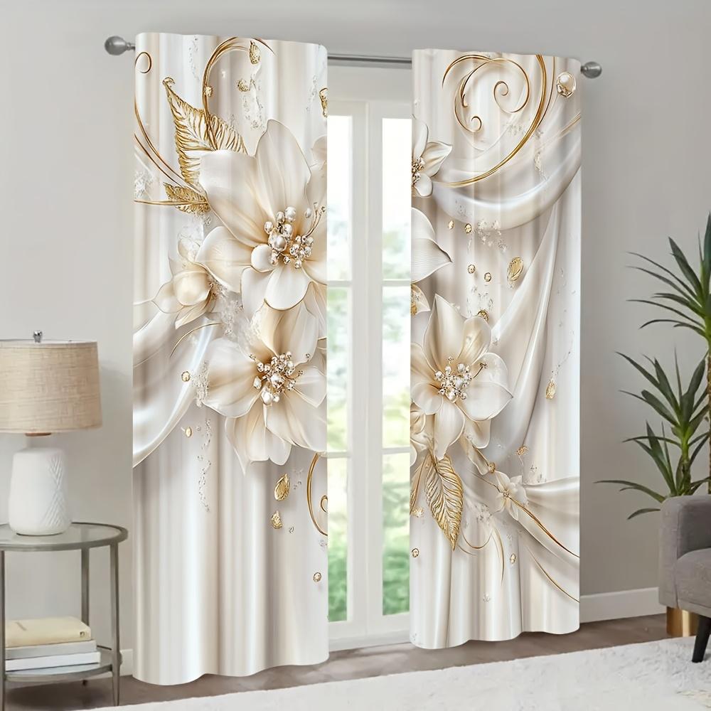 Rideaux à imprimé floral blanc Parfaits pour salon, chambre à coucher, bureau, cuisine, café Décoration Ensemble de 2 rideaux Élégants Fabriqués en polyester Avec poche pour tringle Lavables