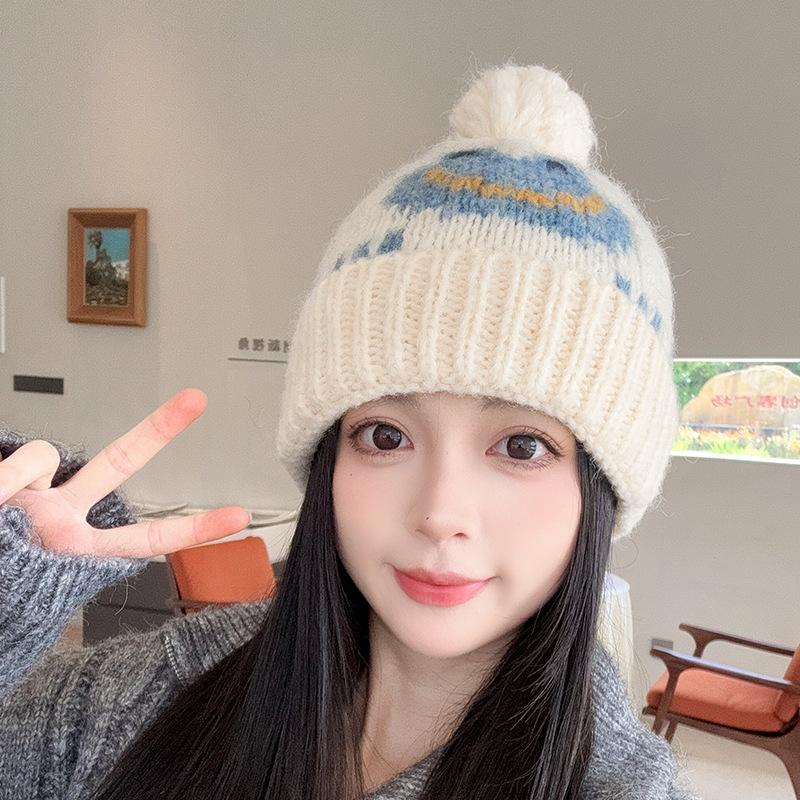 New Cute Jacquard Frog Fur Ball Woolen Hat for Women Autumn and Winter Warm Ear Protection Knitted Hat for Men