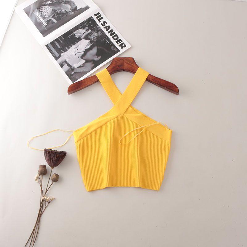 American Fashion Brand Cross Hanging Neck Cami Summer Rib Solid Sexy Short Knitted Top Women