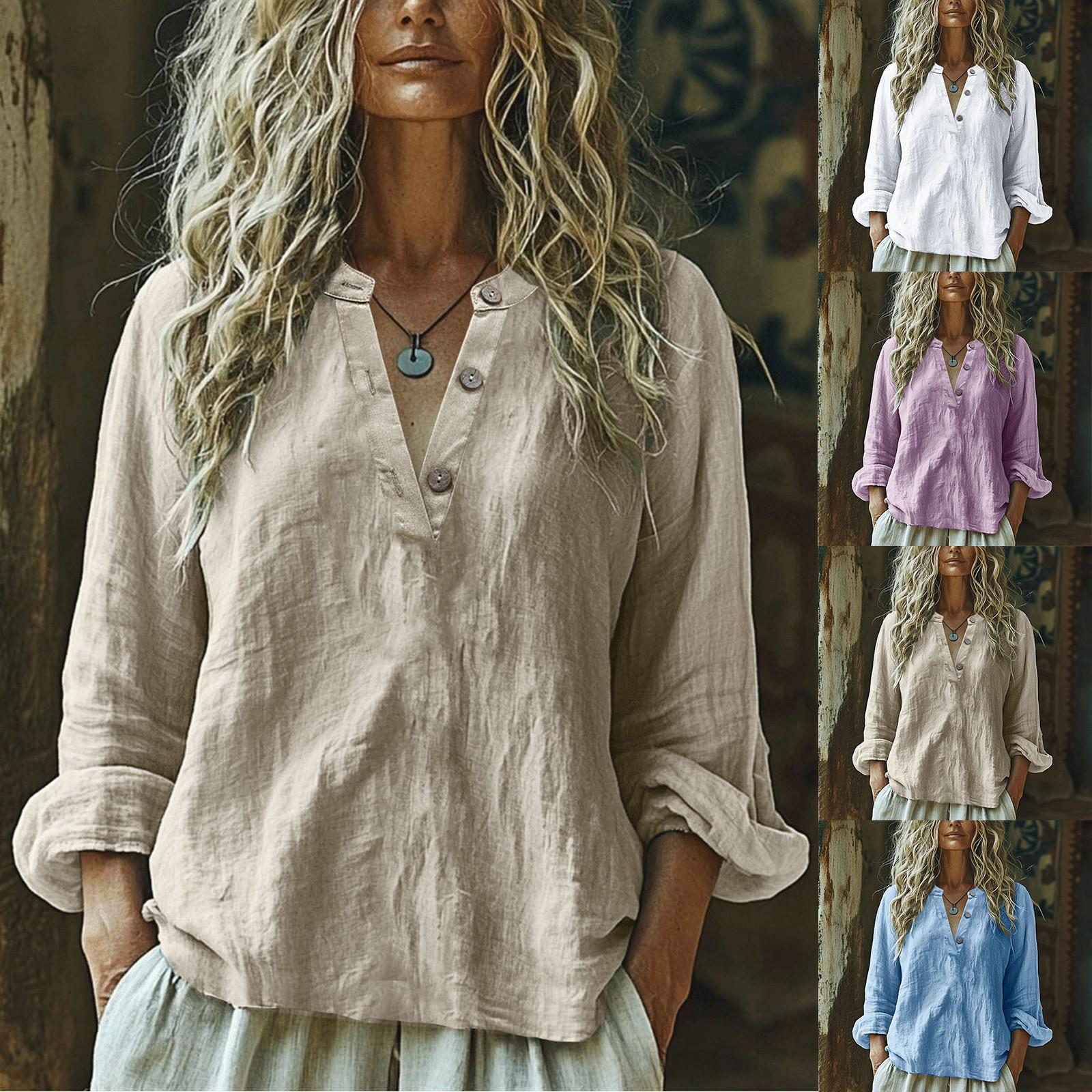 

Women s Fashionable And Casual Solid-color V-neck Button Long-sleeved Cotton And Linen Shirt Top S білий