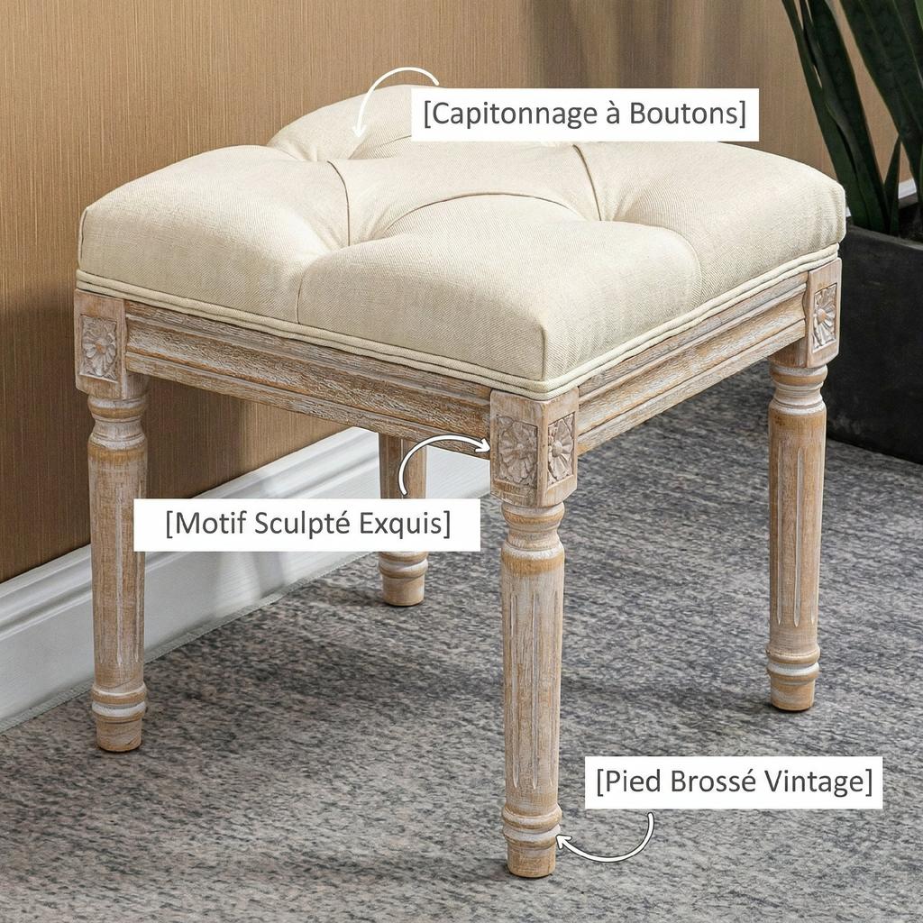 Footstool/Ottoman, Linen-Look Fabric, Rubberwood Legs, 40 x 40 x 43 cm, Beige