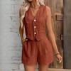 Linen  Summer Casual Fashion Button Vest and Shorts Suit V-neck Vest Suit
