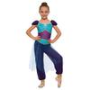 Girls Belly Dance Costume Arabian Princess Rompers Sequined Waist Tulle Overlay Jumpsuit Contrast Color Rhinestone Decor