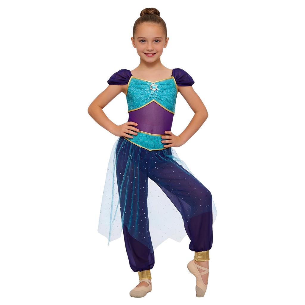 Girls Belly Dance Costume Arabian Princess Rompers Sequined Waist Tulle Overlay Jumpsuit Contrast Color Rhinestone Decor