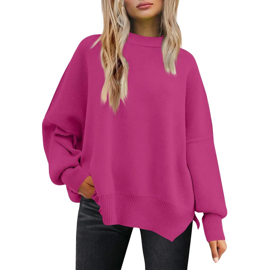 Women's Fashion Round Neck Long Sleeve Sweater Knitted Side Slit Pullover