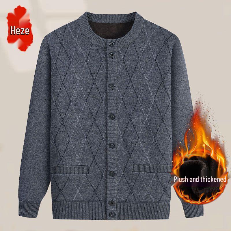 Men's Mid-Age & Elderly Knitted Cardigan: Warm, Thick Velvet Sweater Coat for Autumn/Winter