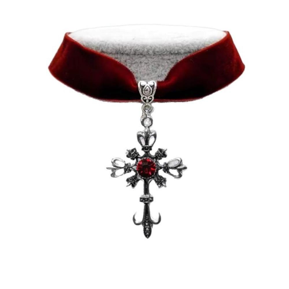Temperament Gothic Inlaid Red Zircon Anchor Cross Pendant Velvet Necklace for Women Halloween Party Personality Collar Jewelry