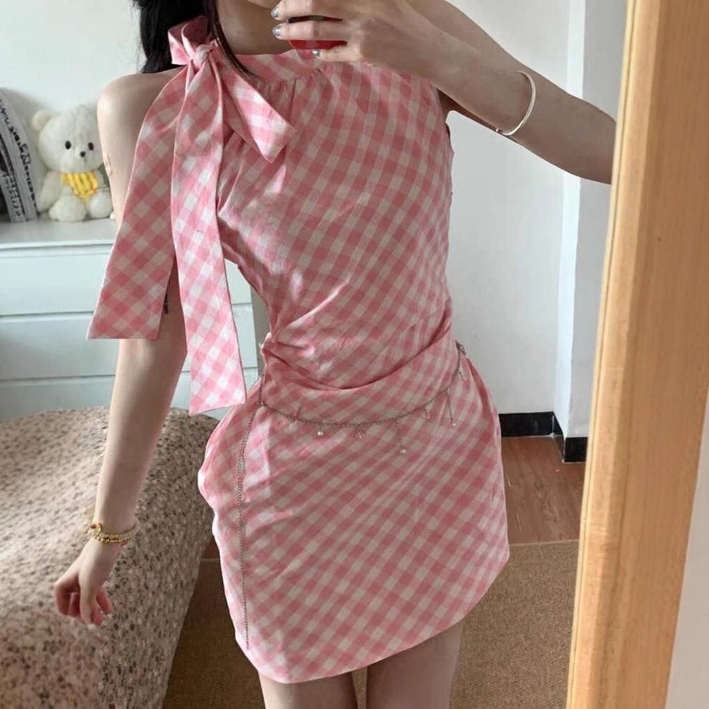 Women's Sexy Halter Off-Shoulder Pink Plaid A-Line Dress