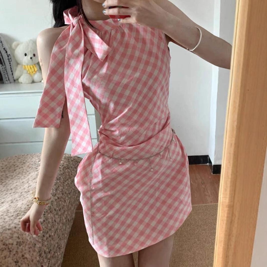 

Women s Sexy Halter Off-Shoulder Pink Plaid A-Line Dress Small