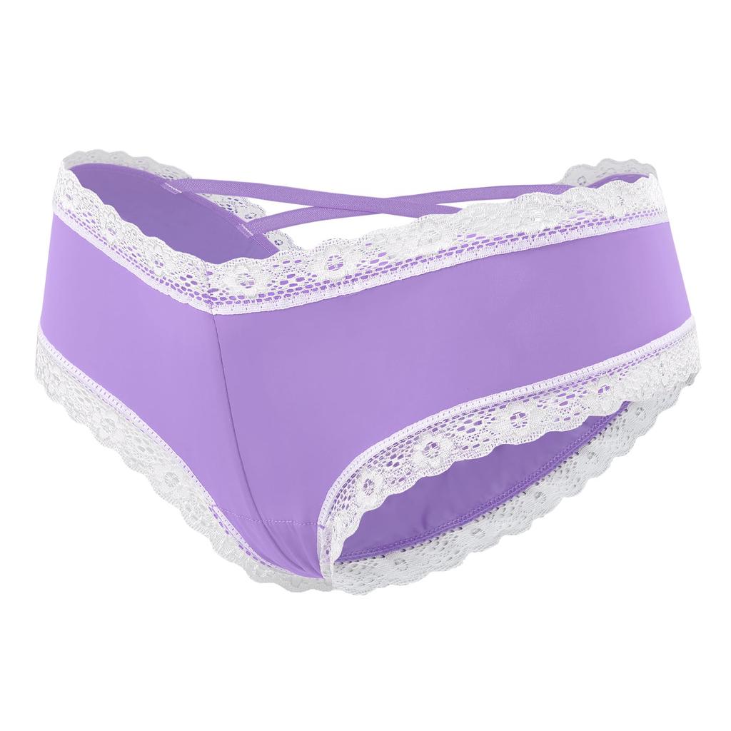 LittleForBig Women's Sissy Panties with Cross Straps, Lace, and V-Back, Purple, Size L