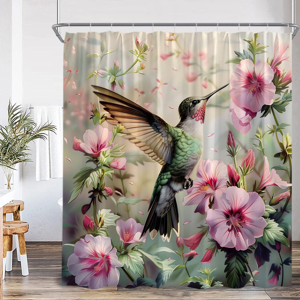 Bird Animal Shower Curtain Huumingbird Flower Floral Plant Classical Bathroom Decor Spring Autumn Polyester Bath Curtain with Ho