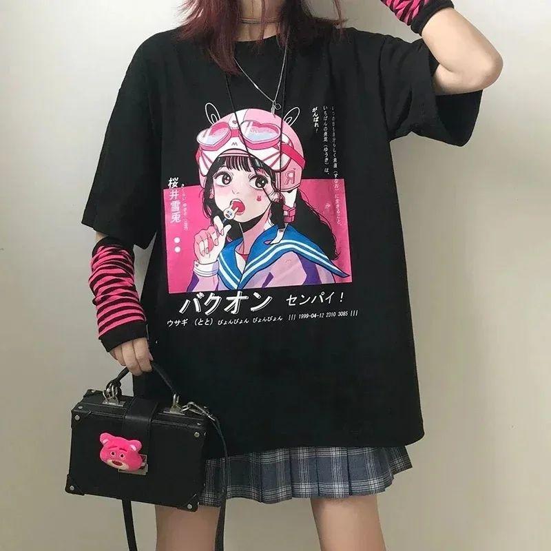 Japanese Anime T-shirt Y2k Harajuku Aesthetic Kawaii Cute Girly Anime Graphic Short Sleeve Tees Summer Oversized Women Clothes