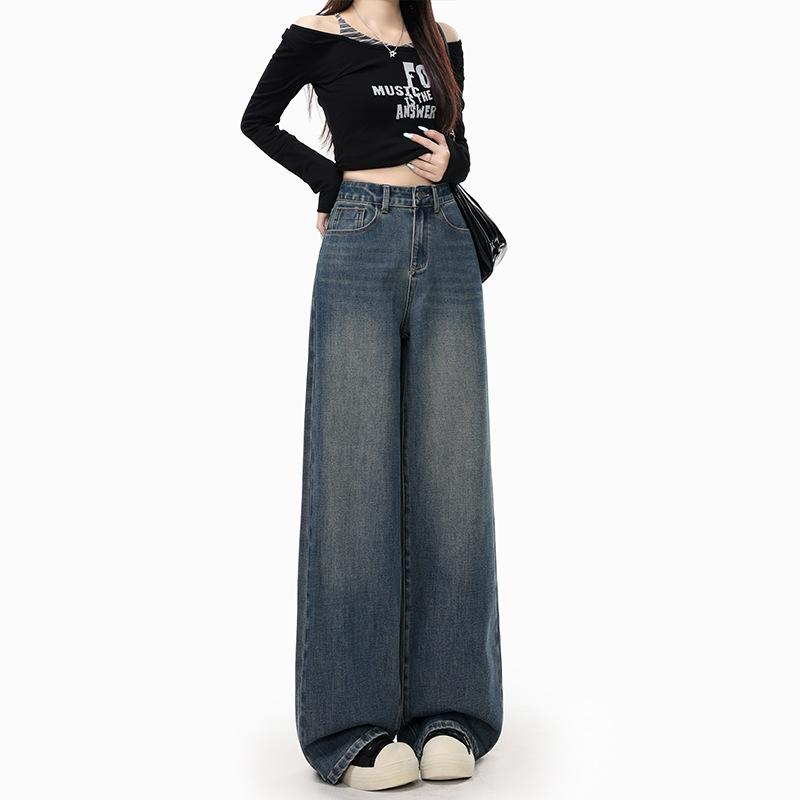 American Retro Elastic Wide-leg Jeans Women's Autumn New High-waisted Loose Spice Girl Wind Straight Mopping