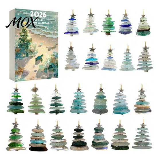 Coastal Theme Christmas Ornaments 2026 Sea Glass Style Countdown Calendar Blind Box, 24Pcs Acrylic Flat Pendant Set Tree Hanging Ornaments,