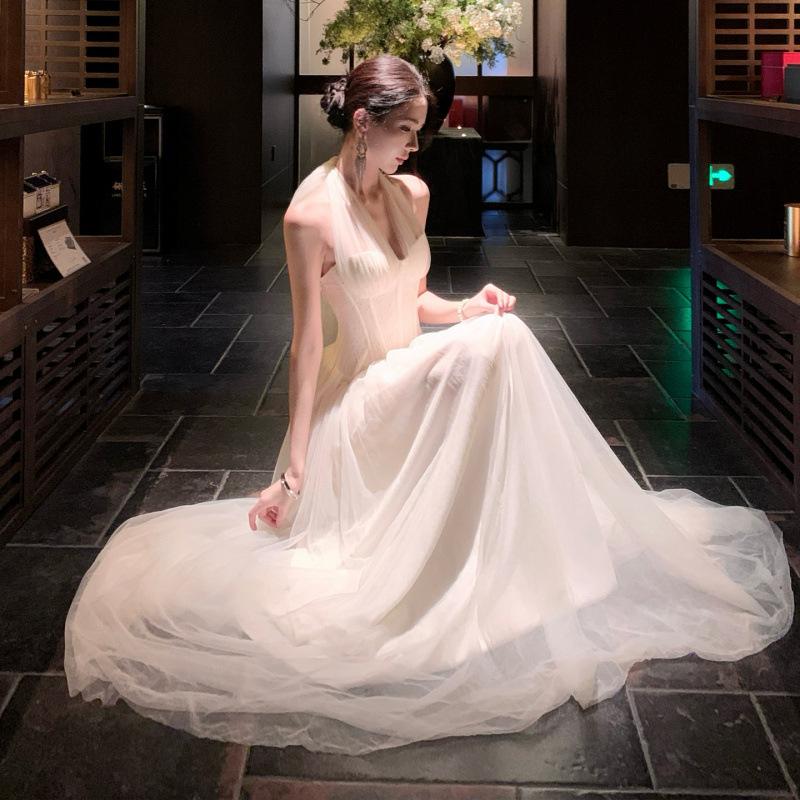 Heavy Industry Mesh Neck Dress French Temperament Backless Seaside Vacation Birthday Engagement Dress Dress