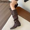 Cosy Soft Leather Women Knee High Boots Fashion Slip On Long Booties Street Style Winter Low Heel Shoes  De Mujer