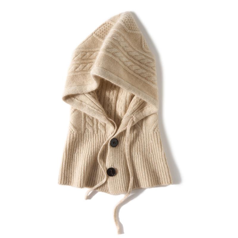 Soft and Glutinous Cashmere Autumn and Winter New Women's Casual Ear Protecting Neck Cap Knitted Warm Button Up Drawstring Hat
