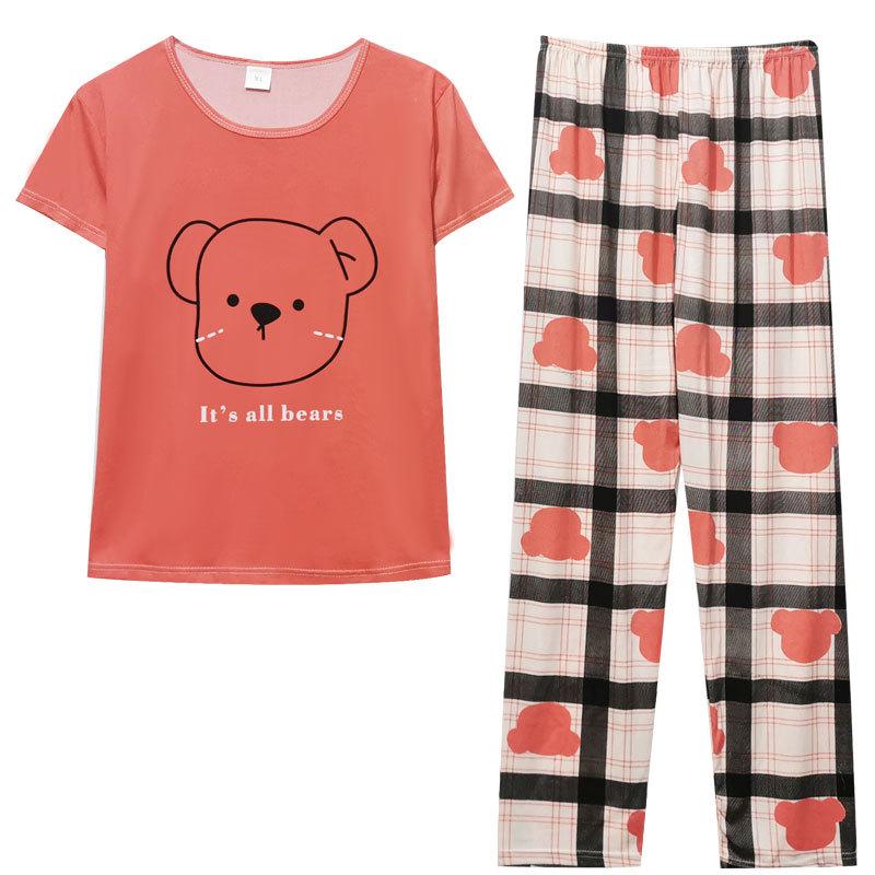Women's Korean Style Summer Pajama Set - Cute Cartoon Design, Short Sleeve Top, Long Pants, Plus Size