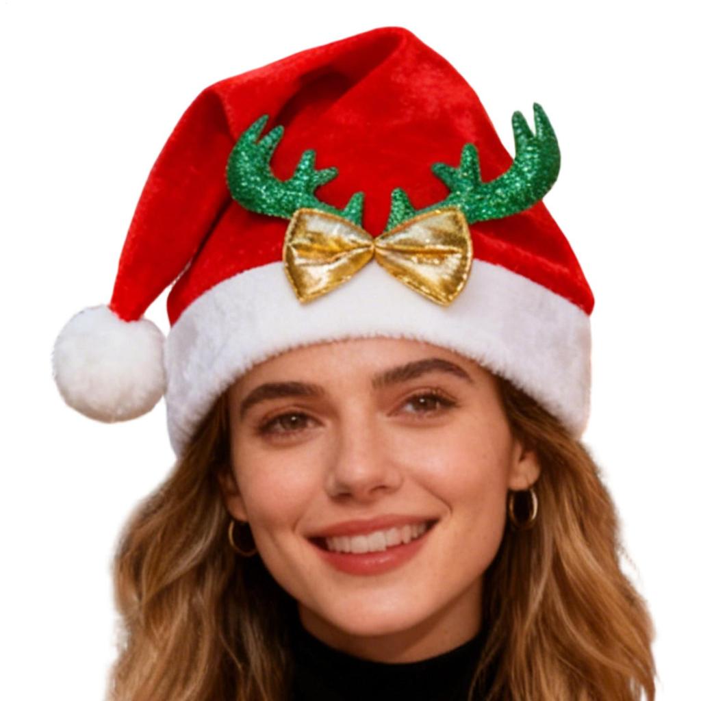 Christmas Hat Soft Party Headwear With Reindeer Antlers Bow Decoration Plush Santa Hat Gift For Birthday Holiday New Year