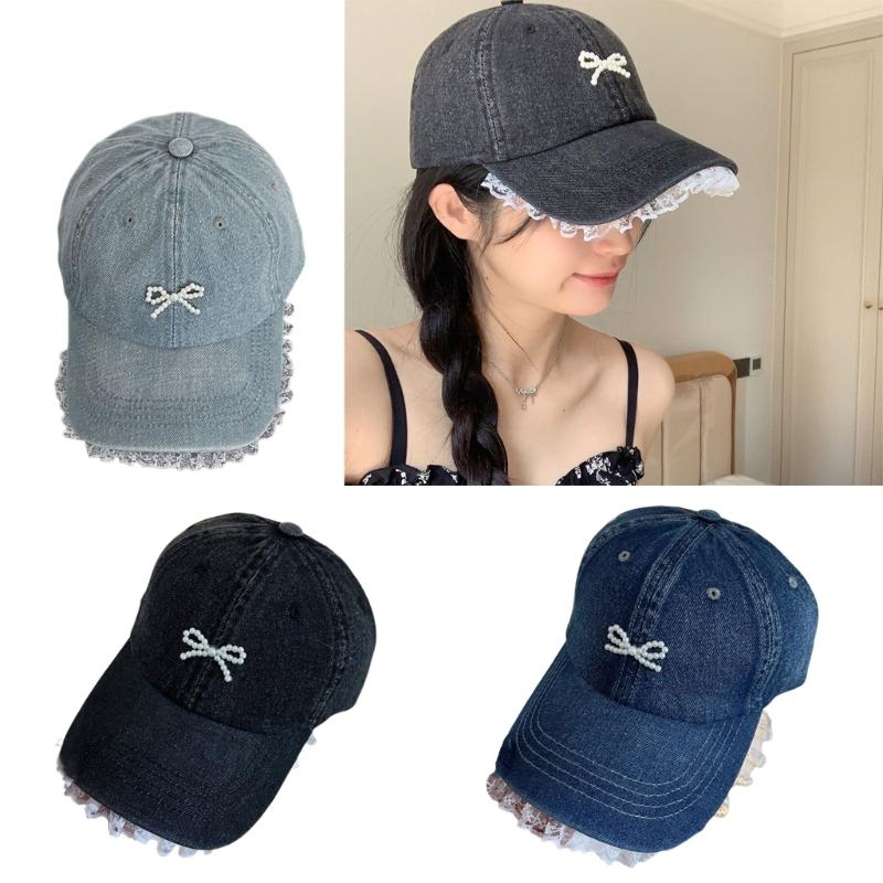 Stylish Women Fabric Baseball Hat with 3D Pearls Bowknot and Lace Trim for Outdoor Sports Activity Breathable Headwear