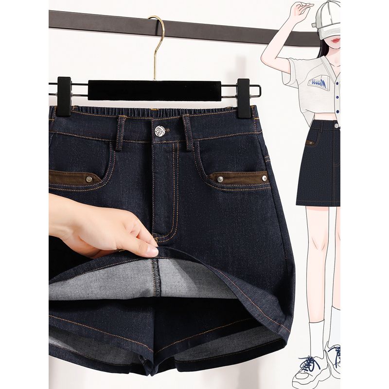 European American Summer New Plus Size Women's Thin Fashion Tape Dark Blue Casual Stretch Denim Short Culotte XL-5XL