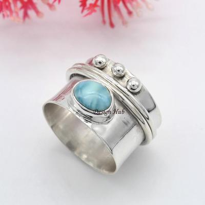 Natural Larimar Handmade Spinner Ring 925 Sterling Silver Jewelry For Christmas Gift