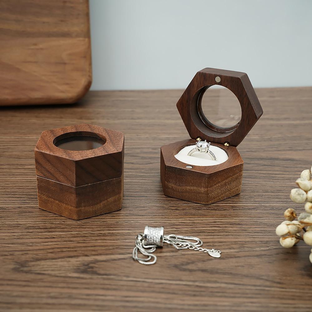 Transparent Window Wooden Ring Box Engagement Ring Display Holder Portable Ring Bearer Box  Gifts
